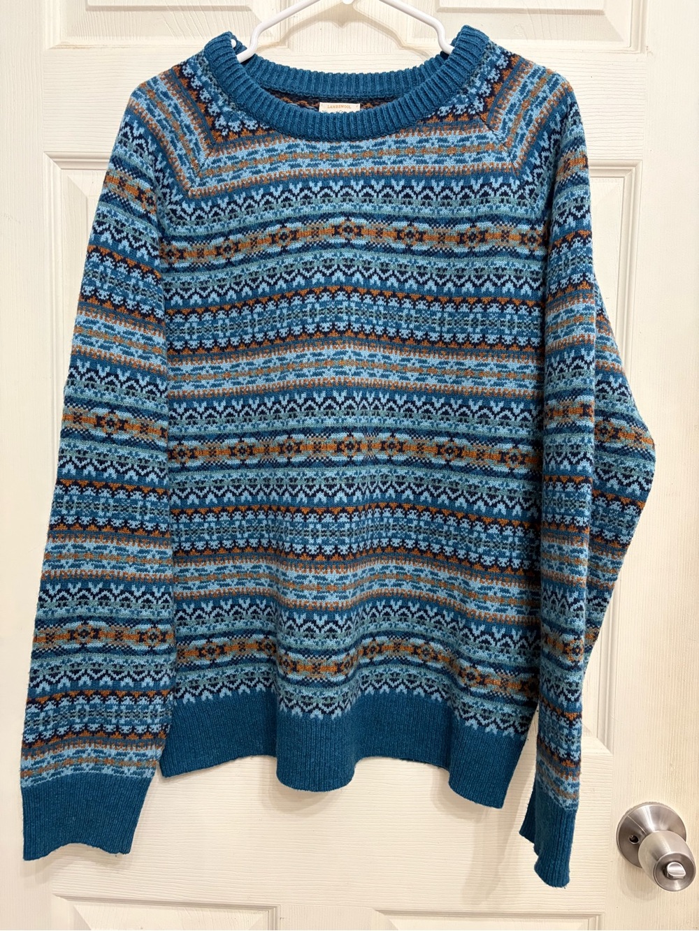 J.Crew Mens Blue Patterned Crewneck Sweater 100% wool size Large